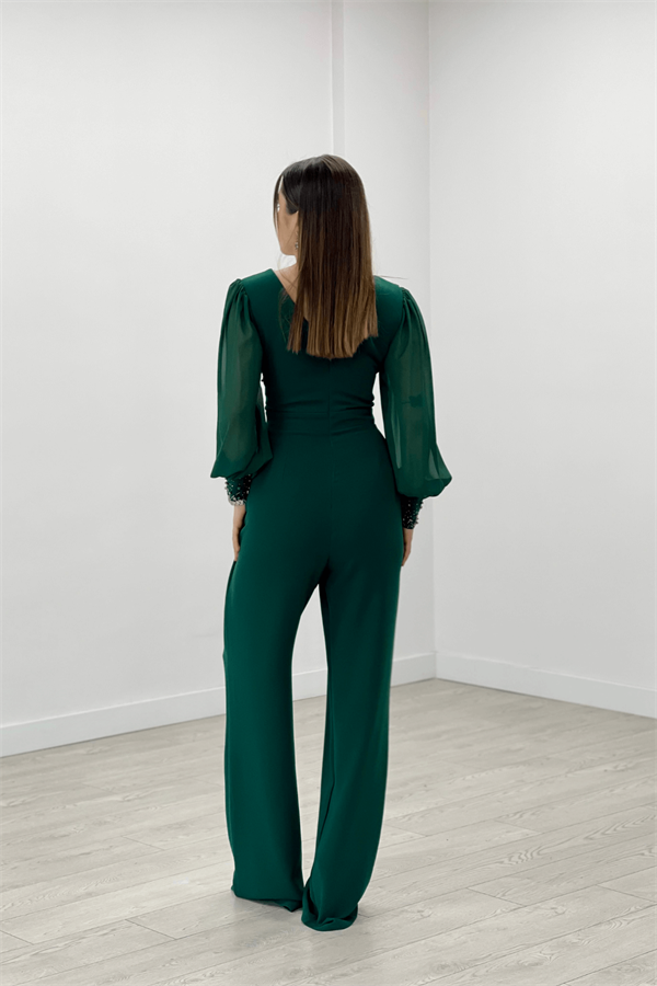 Krep Kumaş Taş Detaylı Kolları Şifon Tulum Abiye Elbise - ZÜMRÜT YEŞİL