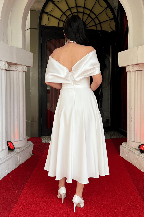 Krep Kumaş Taş Detaylı Midi Elbise - BEYAZ