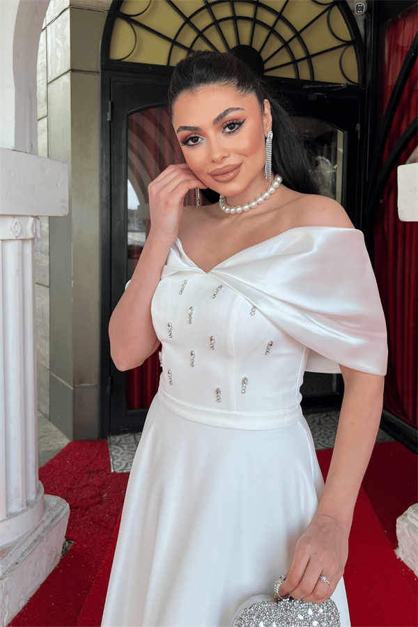 Krep Kumaş Taş Detaylı Midi Elbise - BEYAZ