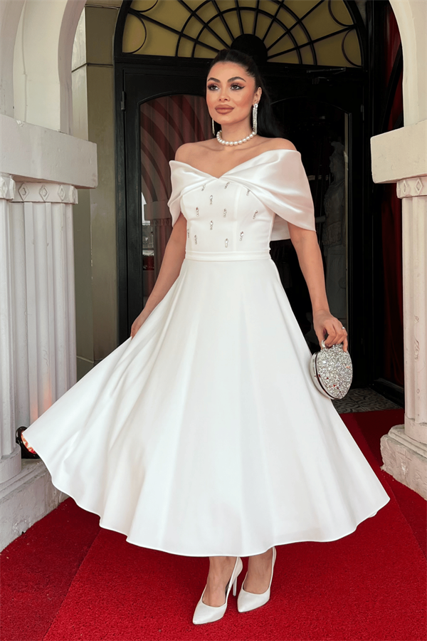 Krep Kumaş Taş Detaylı Midi Elbise - BEYAZ