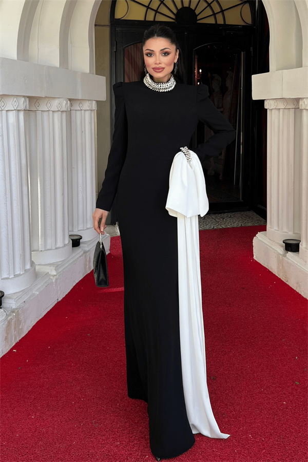 Krep Kumaş Taş Fiyonk Detaylı Abiye Elbise - SİYAH