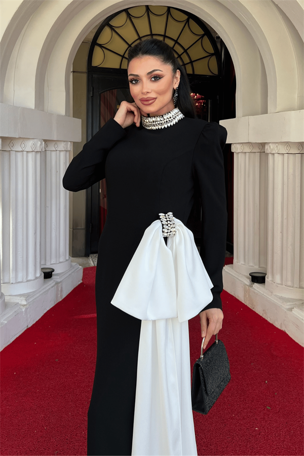 Krep Kumaş Taş Fiyonk Detaylı Abiye Elbise - SİYAH