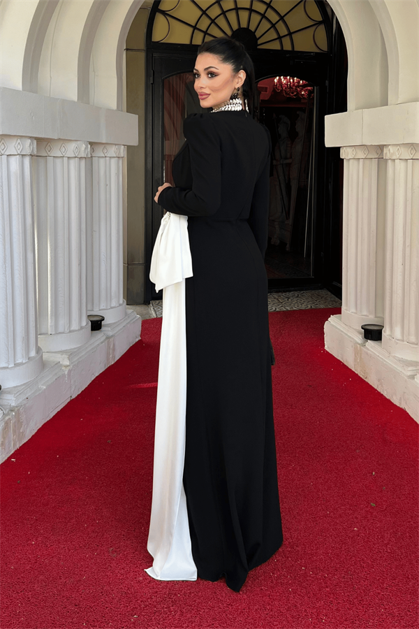 Krep Kumaş Taş Fiyonk Detaylı Abiye Elbise - SİYAH