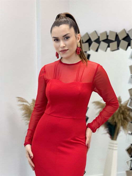 فستان قلم من قماش الكريب من التول - أحمر