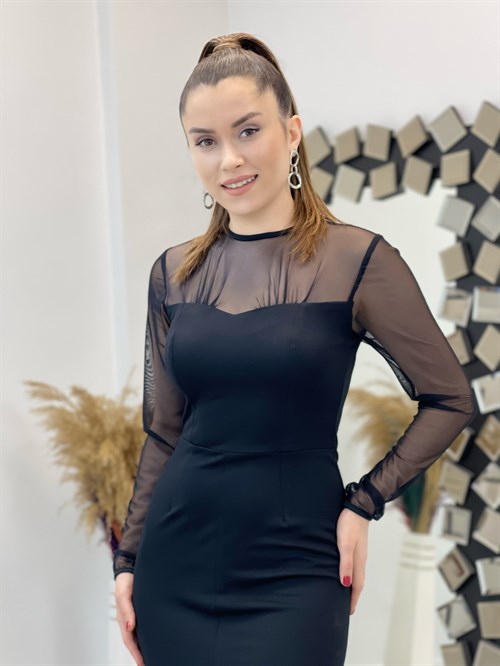 فستان قلم من قماش الكريب من التول - الأسود