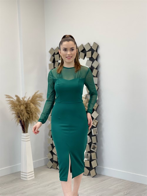 فستان قلم من قماش الكريب من التول - الزمرد أخضر