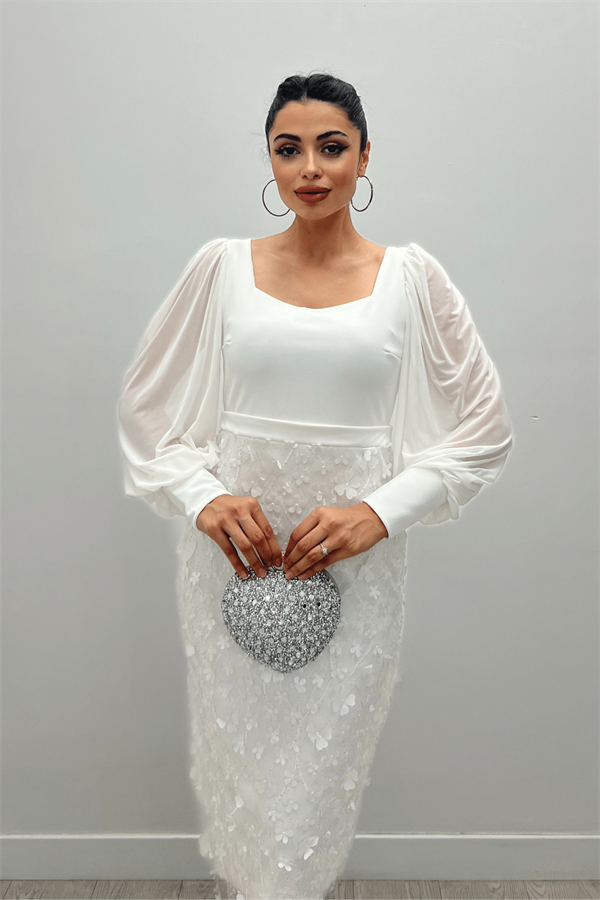 Krep Kumaş Üç Boyutlu Kalem Elbise - BEYAZ