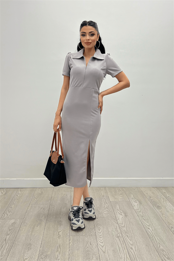 Krep Kumaş Yakalı Fermuar Detayli Kalem Elbise - GRİ