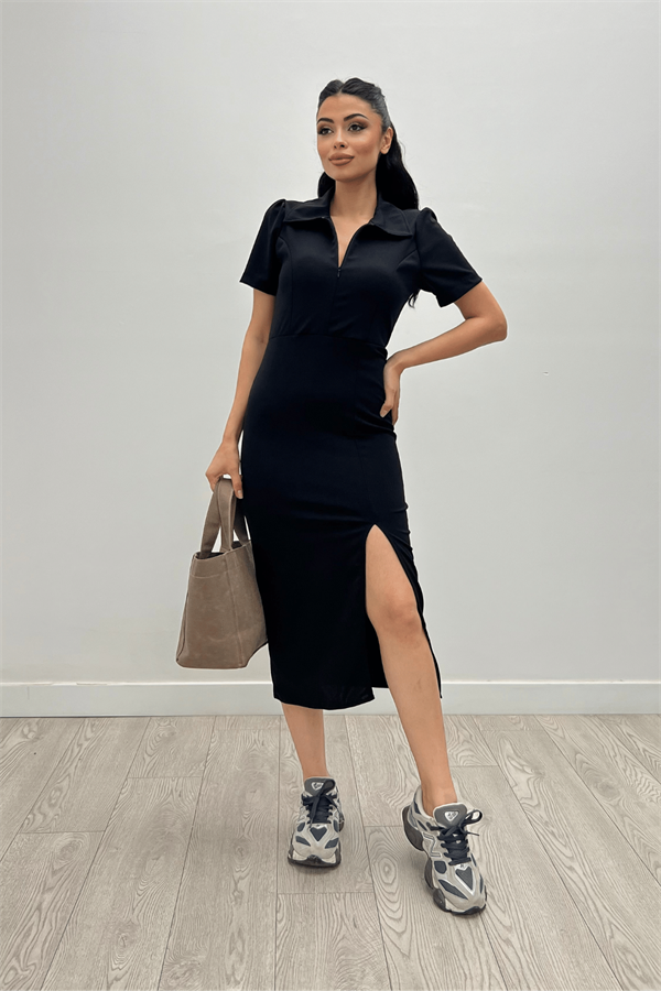 Krep Kumaş Yakalı Fermuar Detayli Kalem Elbise - SİYAH