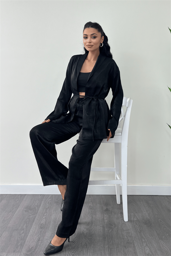 Krep Saten Kumaş Ceket Takım - SİYAH