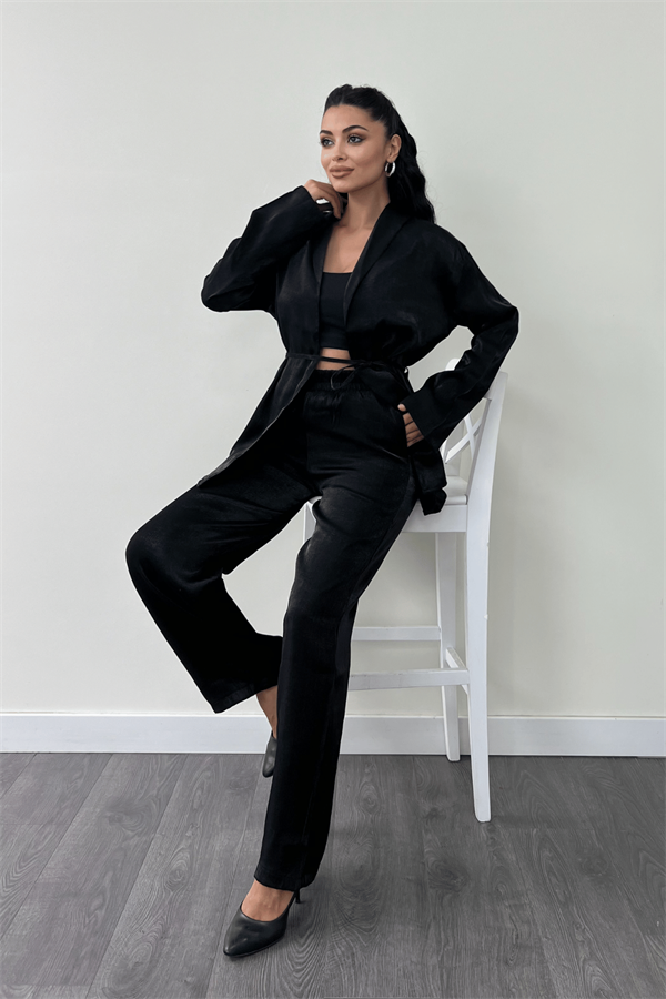 Krep Saten Kumaş Ceket Takım - SİYAH