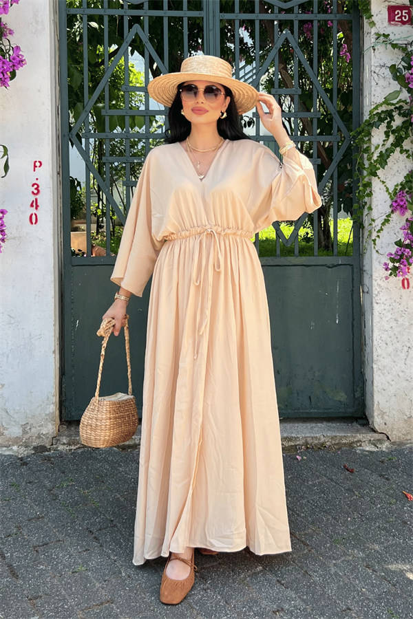 Krinkıl Kumaş Beli Lastikli Elbise - KREM