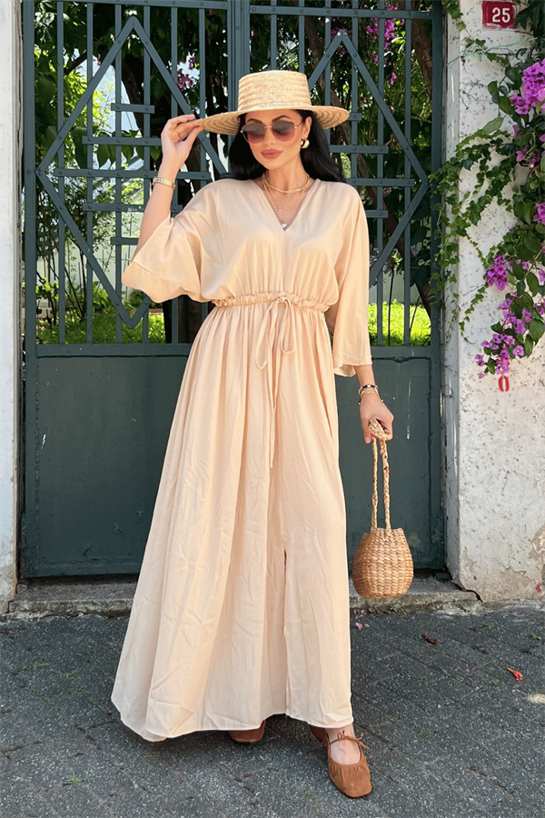 Krinkıl Kumaş Beli Lastikli Elbise - KREM