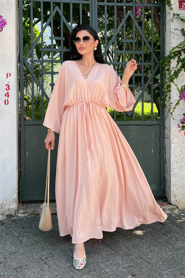 Krinkıl Kumaş Beli Lastikli Elbise - PUDRA