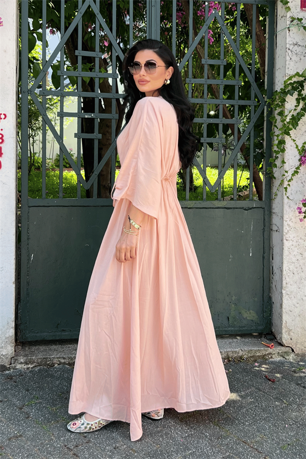 Krinkıl Kumaş Beli Lastikli Elbise - PUDRA