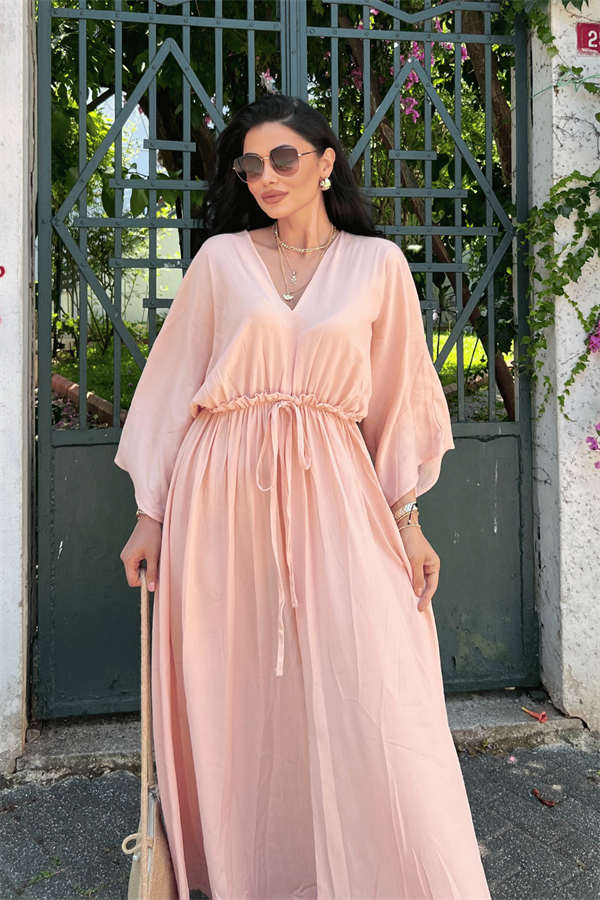 Krinkıl Kumaş Beli Lastikli Elbise - PUDRA