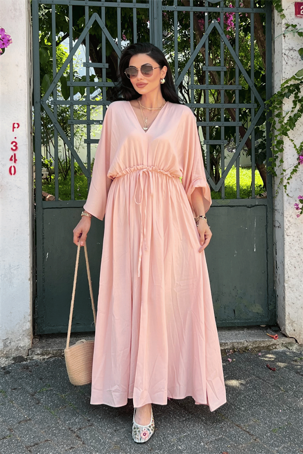 Krinkıl Kumaş Beli Lastikli Elbise - PUDRA