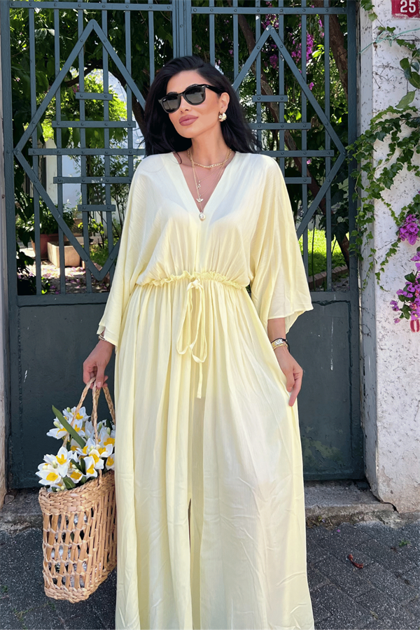 Krinkıl Kumaş Beli Lastikli Elbise - SARI