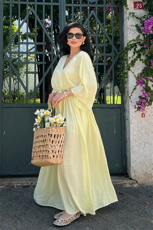 Krinkıl Kumaş Beli Lastikli Elbise - SARI