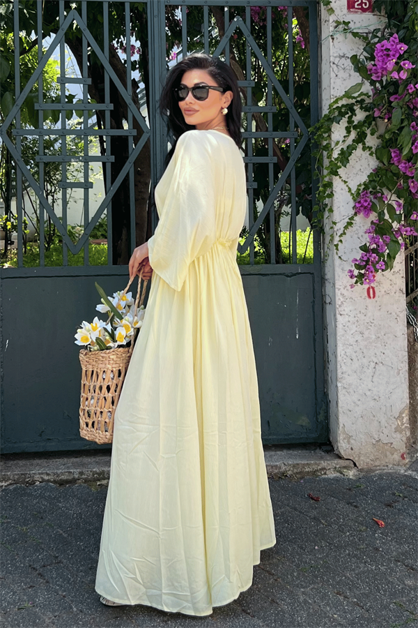 Krinkıl Kumaş Beli Lastikli Elbise - SARI