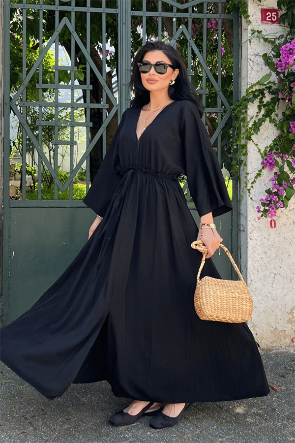 Krinkıl Kumaş Beli Lastikli Elbise - SİYAH