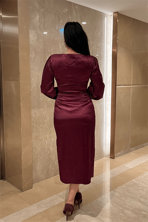 Krinkıl Kumaş Kruvaze Kalem Elbise - BORDO