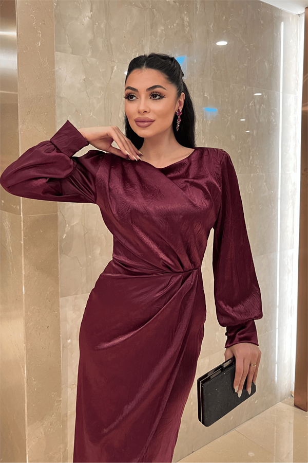 Krinkıl Kumaş Kruvaze Kalem Elbise - BORDO