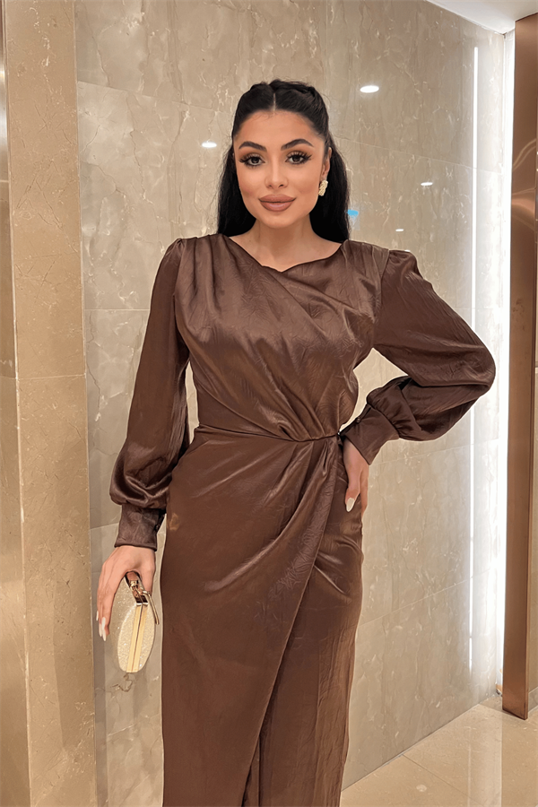 Krinkıl Kumaş Kruvaze Kalem Elbise - KAHVERENGİ