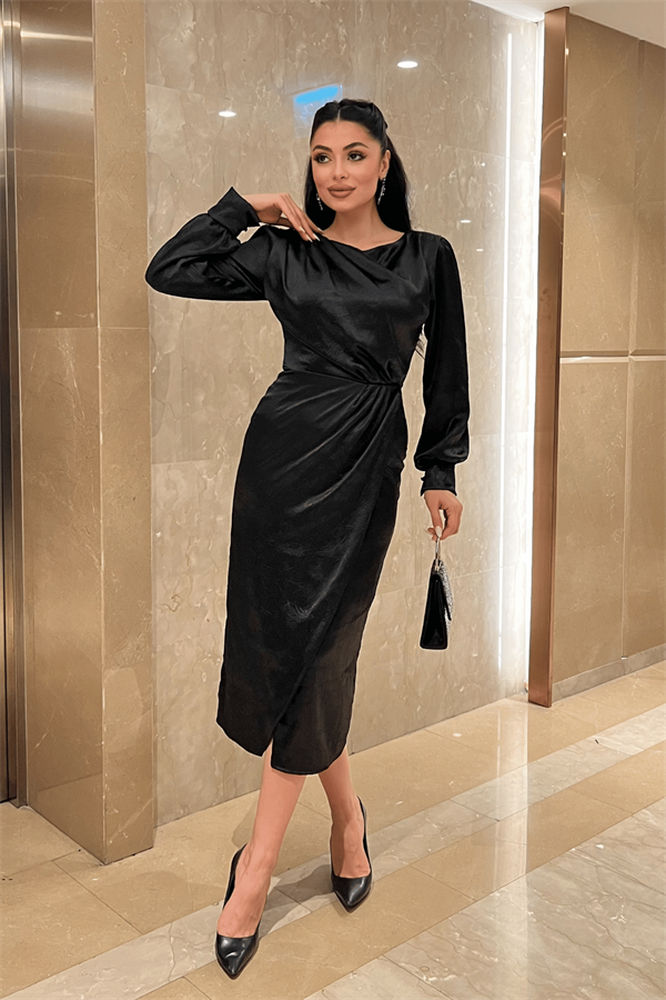 Krinkıl Kumaş Kruvaze Kalem Elbise - SİYAH