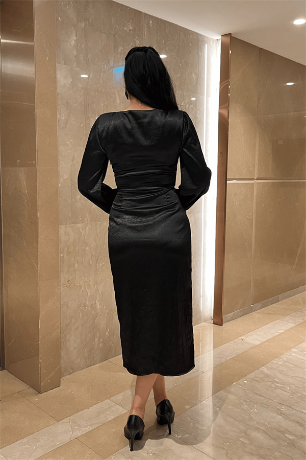 Krinkıl Kumaş Kruvaze Kalem Elbise - SİYAH