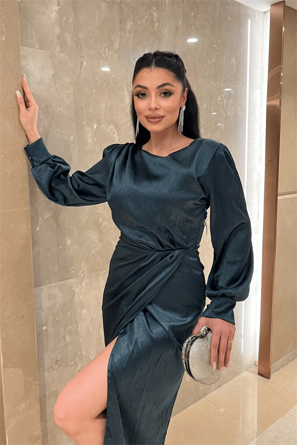 Krinkıl Kumaş Kruvaze Kalem Elbise - ZÜMRÜT YEŞİL