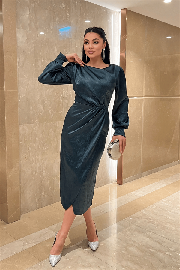 Krinkıl Kumaş Kruvaze Kalem Elbise - ZÜMRÜT YEŞİL