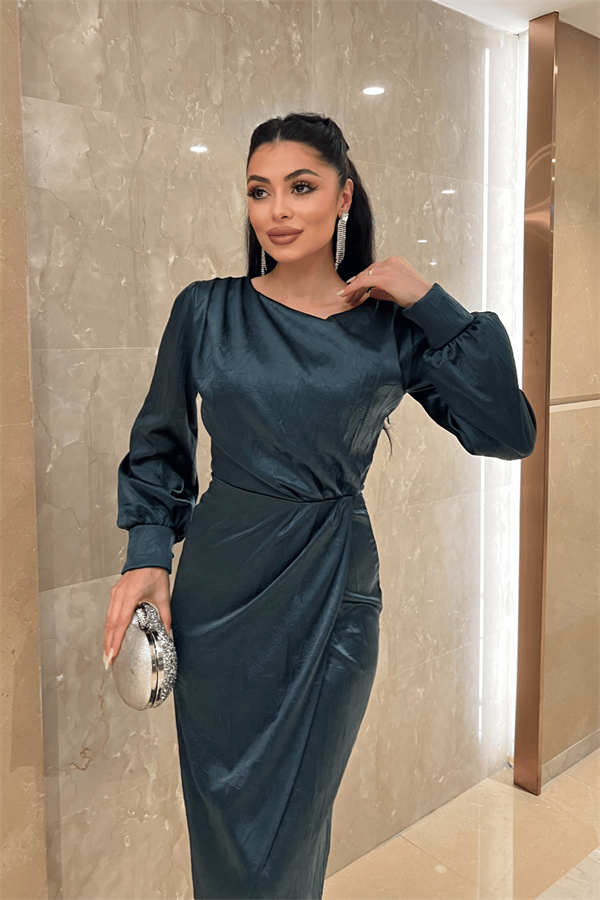 Krinkıl Kumaş Kruvaze Kalem Elbise - ZÜMRÜT YEŞİL