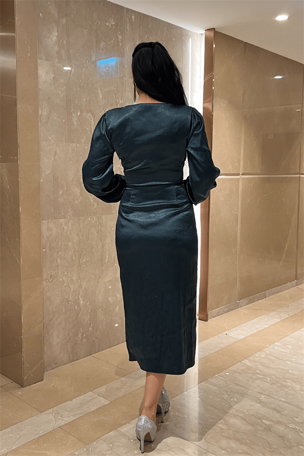 Krinkıl Kumaş Kruvaze Kalem Elbise - ZÜMRÜT YEŞİL