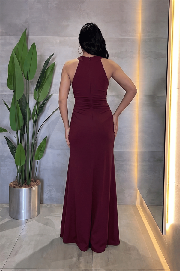 Kristal Kumaş Boyundan Bağlamalı Abiye Elbise - BORDO