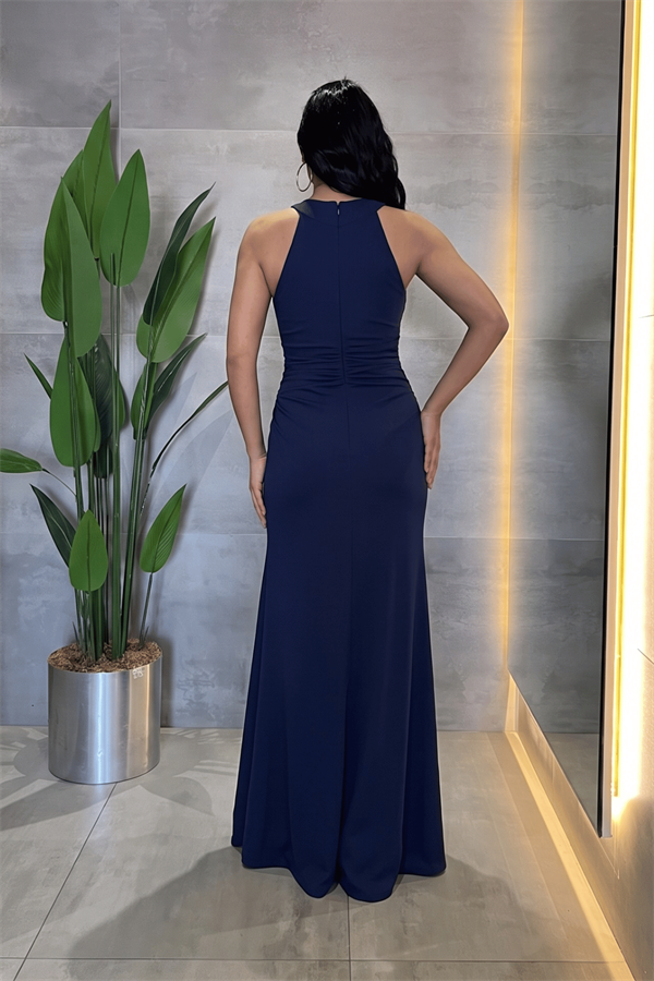 Kristal Kumaş Boyundan Bağlamalı Abiye Elbise - LACİVERT