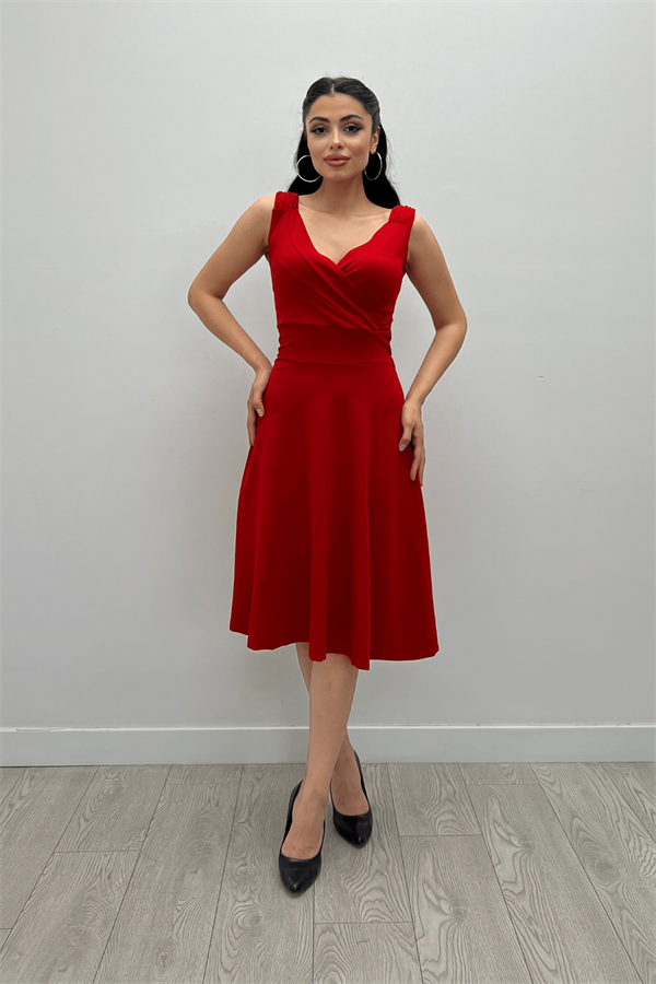 Double- Breasted Collar Strap Dress  - Red