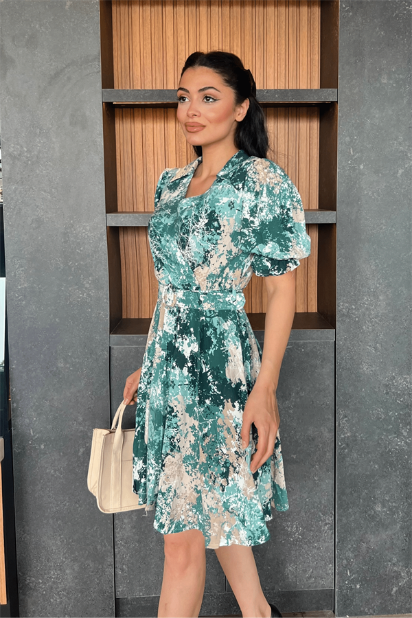 Kruvaze Yaka Beli Lastikli Mini Elbise - YEŞİL