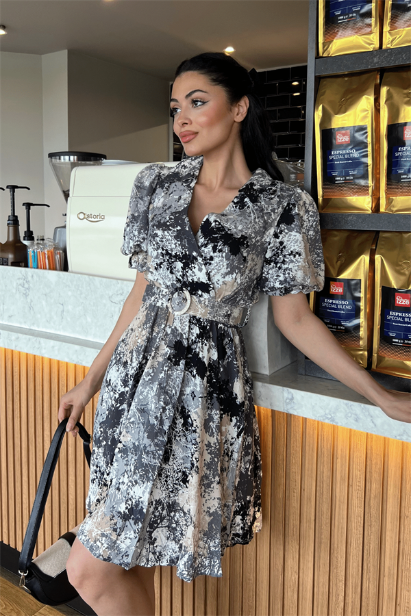 Kruvaze Yaka Beli Lastikli Mini Elbise - SİYAH