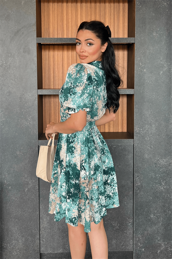 Kruvaze Yaka Beli Lastikli Mini Elbise - YEŞİL