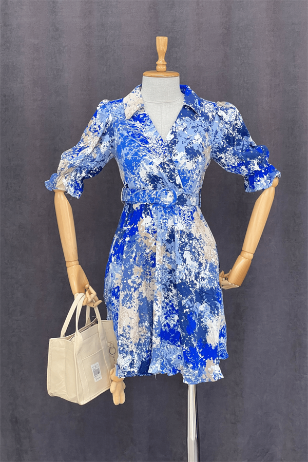 Kruvaze Yaka Beli Lastikli Mini Elbise - SAKS MAVİ