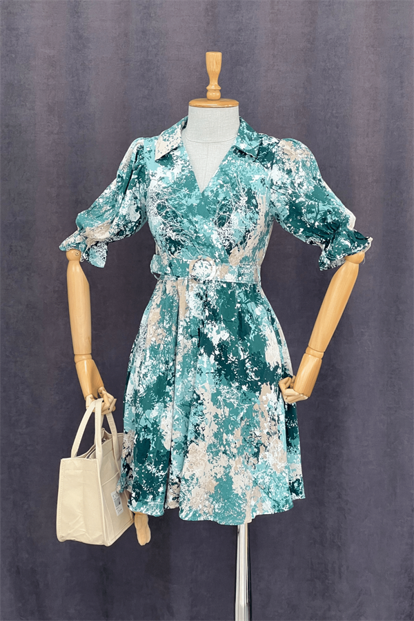 Kruvaze Yaka Beli Lastikli Mini Elbise - YEŞİL