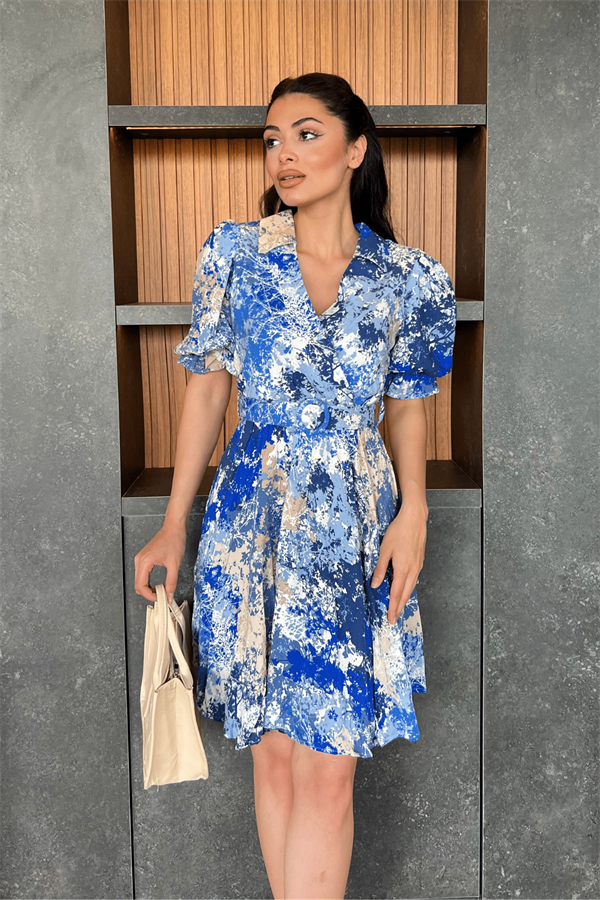 Kruvaze Yaka Beli Lastikli Mini Elbise - SAKS MAVİ