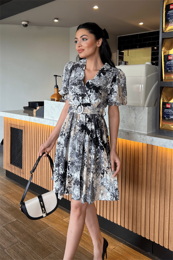 Kruvaze Yaka Beli Lastikli Mini Elbise - SİYAH