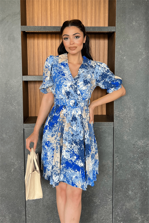 Kruvaze Yaka Beli Lastikli Mini Elbise - SAKS MAVİ