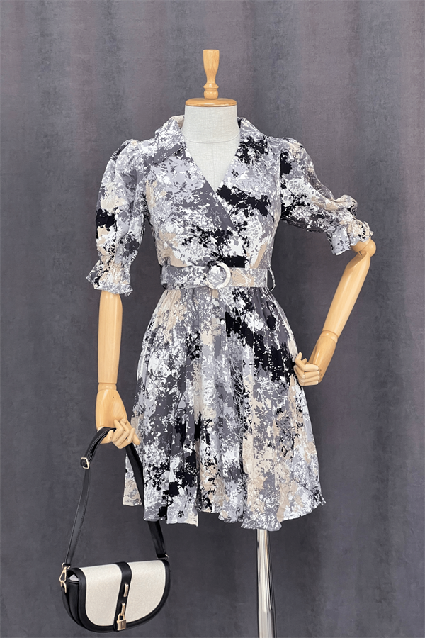 Kruvaze Yaka Beli Lastikli Mini Elbise - SİYAH