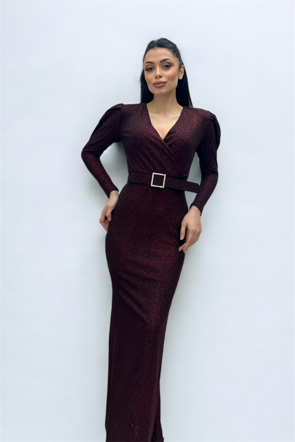 فستان بحزام بياقة مزدوجة الصدر - بورجوندي