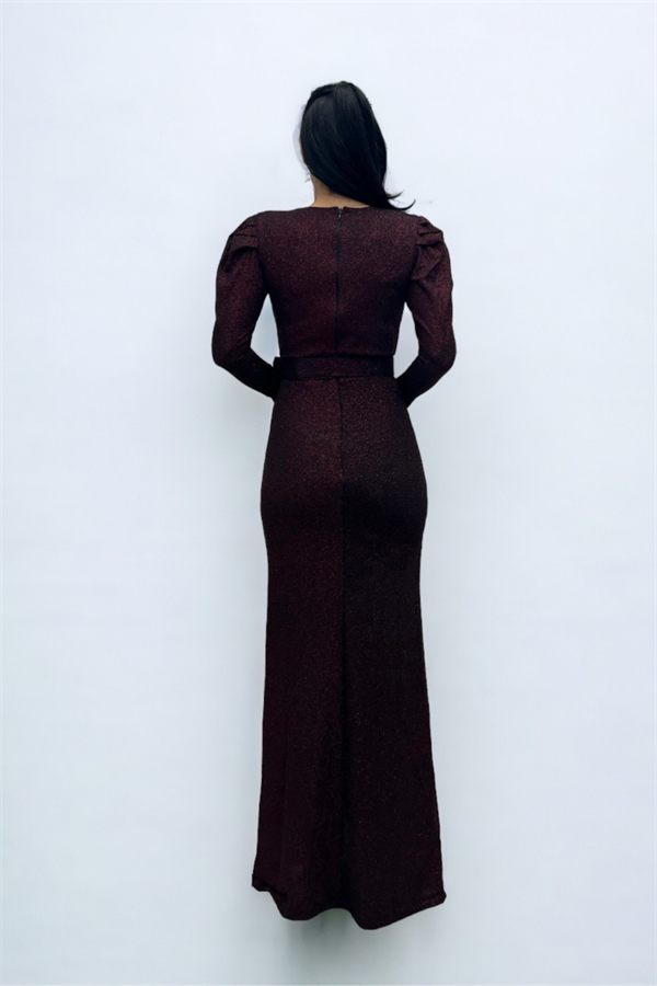 فستان بحزام بياقة مزدوجة الصدر - بورجوندي