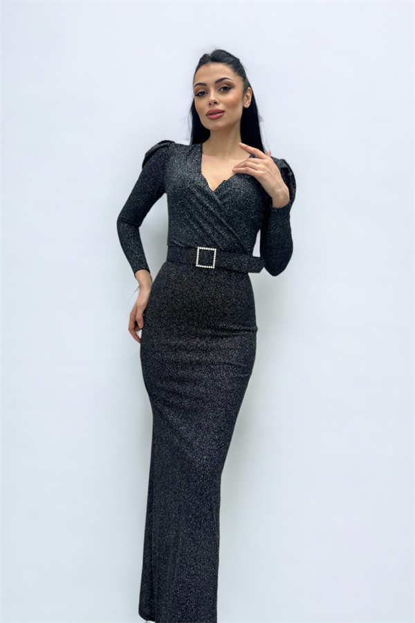 فستان بحزام بياقة مزدوجة الصدر - فضة