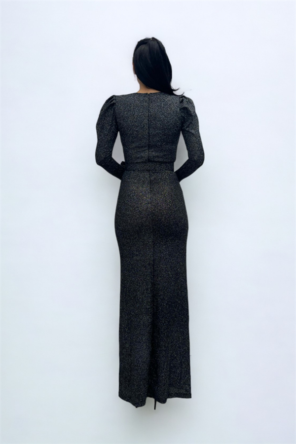 فستان بحزام بياقة مزدوجة الصدر - فضة